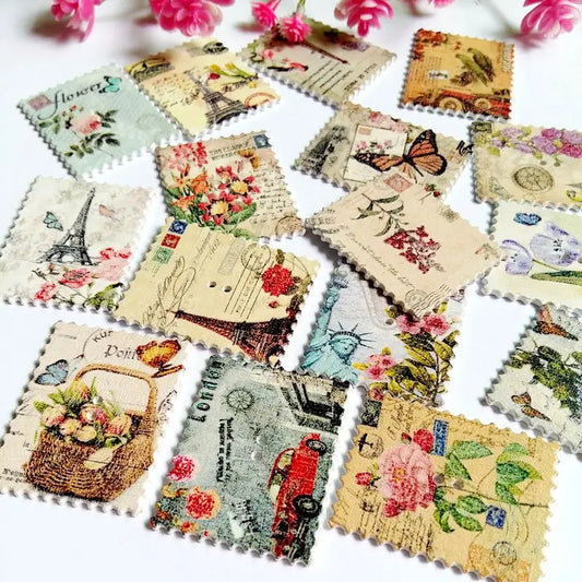 30PCS/lot Boutons en Bois Vintage 30mm - Forme Timbres Poste, 2 Trous, Décorations Motifs